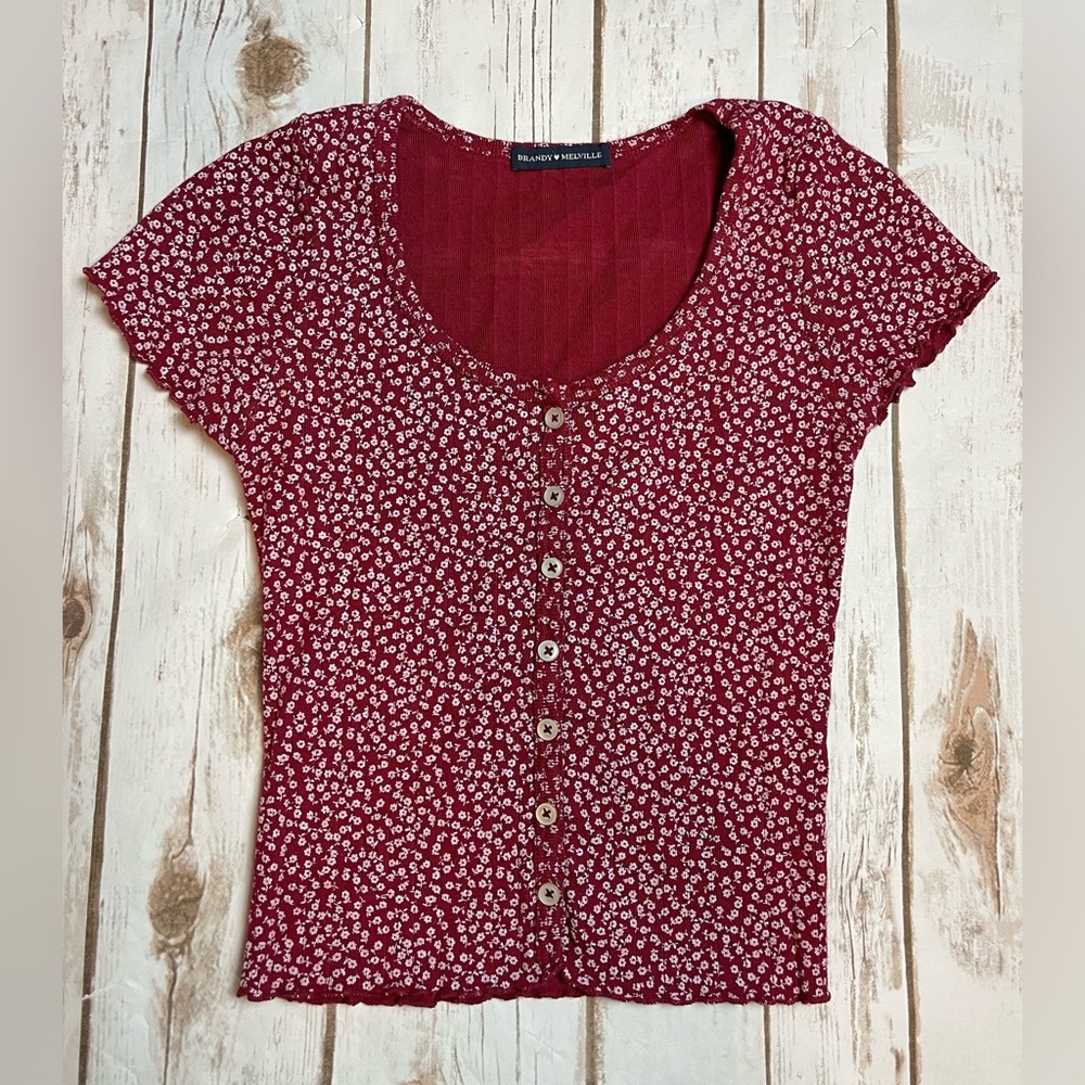 Brandy Melville Red Floral Button Front Top
